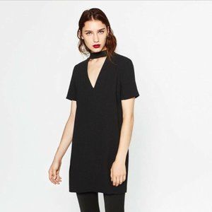 ZARA Woman Black V-neck Cutout Choker Shift Mini Dress. Size XS